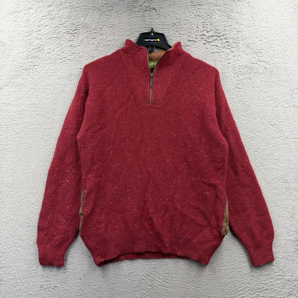 Orvis Sweater Mens Large Red Wool Quarter 1/4 Zip Mock Neck Knit Pullover